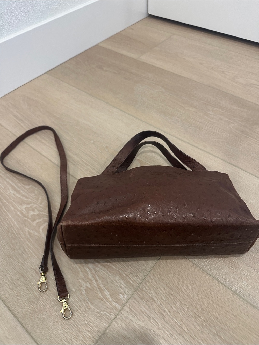 Brown Mini Ostrich-Texture Top Handle Bag with Removable Strap